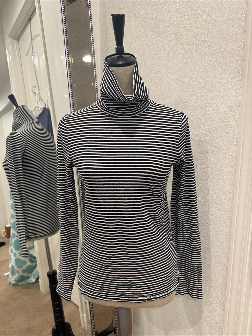 J. Crew Black and White Striped Turtleneck Shirt